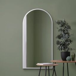 "MirrorOutlet The Arcus - White Framed Modern Full Length Arched Leaner/Wall Mirror 55"" X 27.5"" (140CM X 70CM) Silver Mirror Glass with Black All weather Backing."