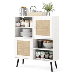 GiantexUK Rattan Storage Sideboard, Wooden Buffet Storage Cabinet with 2 Doors, 4 Open Cubbies & Anti-toppling Device, Boho Freestanding Organizer Cupboard for Kitchen Dining Living Room (White)