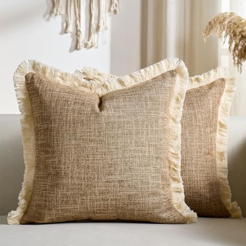 Faux Linen Pillow Covers with Tassels Fringed Boho Farmhouse Decorative Throw Pillowcase Rustic Woven Textured Cushion Case for Sofa Couch Bedroom Living Room Home Decor 18x18 Inch Khaki Set of 2