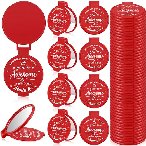 Gulfmew 18 Pcs 2.76 Inch Inspirational Pocket Mini Compact Mirror Bulk Portable Folding Makeup Mirror for Adult Women Party Favors Daily Small Gifts for Travel Thanksgiving Christmas (Red)