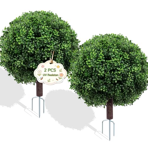 "Griine 27.5"" Artificial Boxwood Topiary Ball Trees for Outdoors, 2 Pack Faux Boxwood Topiary Bush with Metal Spike UV Resistant Realistic Evergreen for Front Porch, Garden, Yard & Balcony Decor"