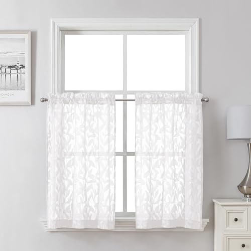 "Lecloud Leia White Sheer Kitchen Curtains 30 Inch Length 2 Pcs, Jacquard Leaf Textured Voile Short Curtains with Dual Rod Pocket, Farmhouse Bedroom Living Room Tiers, Each Panel 28"" W x 30"" L"