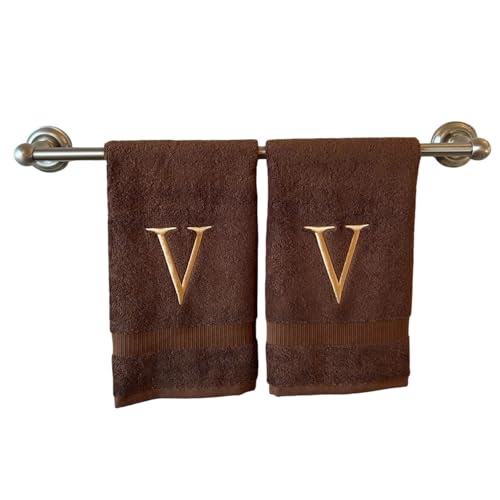 Brown with Beige Monogrammed Hand Towels for Bathroom - Set of 2 Letter V - Luxury Hotel Quality Initial Towels For Powder Room, Spa, GOTS Organic Certified
