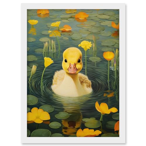 Artery8 Whirlpool Duckling Lily Pads and Flowers Kids Bedroom Nursery Artwork Framed A3 Wall Art Print