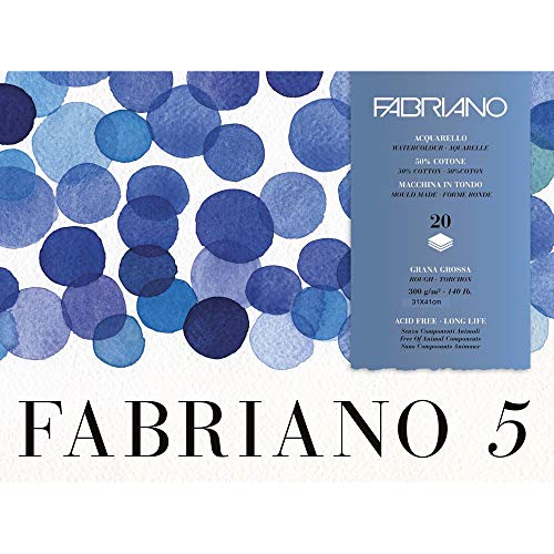 "Fabriano Disegno 5"" Handmade Watercolour Cardboard, Natural White, Coarse Grain, 300 g/m2, 31 x 41 cm, 20 Sheets, Glued on 4 Sides, Chlorine and Acid Free"