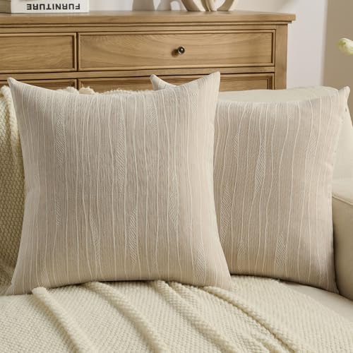 FUTEI Pack of 2 Chenille Throw Pillow Covers 20x20 Inch, Dyeing Beige - Double-Sided Elegant Line Textured Design,Side Hidden Zipper,Machine Washable,Pill-Resistant,Colorfast,Insert Not Included.