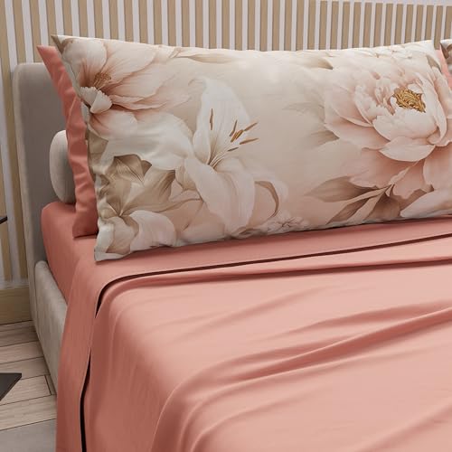 PETTI Artigiani Italiani - Cotton Sheets with Pillowcases in Digital Print, Single Sheet, 26 Salmon Floral Design Bedding Set, 100% Made in Italy