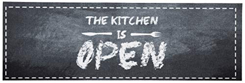 Zala Living Cook & Clean Runner - Non-Slip Rug Runner Flat Weave Short Pile Rug Kitchen Rug Washable Kitchen Runner The Kitchen is Open for Hallway, Kitchen, Living Room - Black Grey, 50 x 150 cm