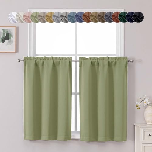 "Chyhomenyc Sage Green Short Blackout Curtains 36 Inch Length, Small Kitchen Curtain Tier Rod Pocket Half Window Curtains for Bathroom Basement Cabinet Camper RV Bunk, 2 PCS, Each 30"" Wx36 L"