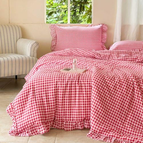 NSNLGSGC Red Ruffle Gingham Queen Comforter Set - Pre-Washed Ruffled Plaid Bedding Set, Soft Breathable and Cottage