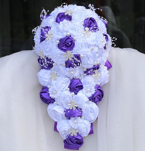 "Mhojpik Luxury Cascade Bridal Wedding Bouquet Satin Rose Waterfall Holding Bouquet Artificial Flower Bunch for Bride Bridesmaid(White & Purple, 17.3"" x 8.7"")"