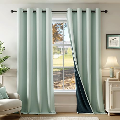 Beauoop Seafoam Green 100% Blackout Curtains for Bedroom 52x63 2 Panels - Room Darkening Thermal Insulated Drapes for Living Room 63 Inch Long Soundproof Energy Saving Window Treatments Grommet