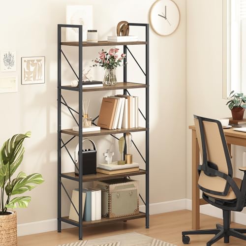 DWVO 5 Tiers Book Shelf, Wood and Metal Bookcase Storage Organizer, Industrial Bookshelf Tall Shelving Unit Display Rack for Living Room Kitchen Bedroom, Grey Book Rack