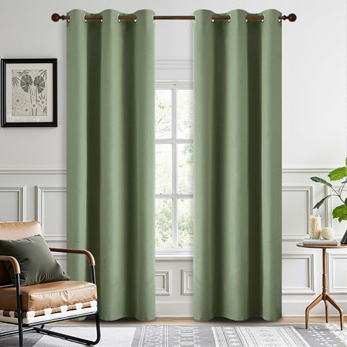 DONREN Total Blackout Linen Curtains 84 Inch Length for Bedroom Living Room, Farmhouse 100% Black Out Thermal Insulated Privacy Lightweight Grommet Curtain Panels, Sage Green, W37 x L84, 2 Panels