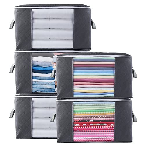 5 Piece 90L Large Clothes Storage Bags,Withosent Foldable Storage Boxes with Lid Packing Boxes for Moving House with Durable Handles for Clothing, Duvet, Bedding