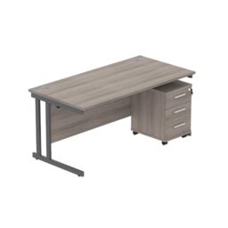 Office Hippo Heavy Duty Contract Grade Office Desk Workstation and Lockable 3-Drawer Pedestal Set, 120kg Weight Tolerance, 5-Year Warranty, FSC Certified, Alaskan Grey Oak, Graphite Legs, 1600 x 800mm
