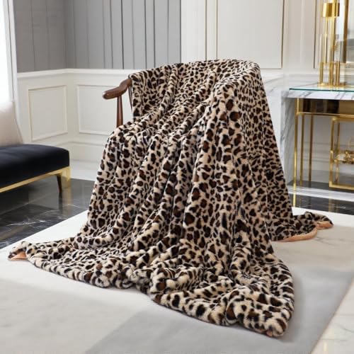 MYRU Velboa Super Soft Leopard Blanket Double Layer Bedding Thick Sofa Cover Furry Fuzzy Fax Fur Throw Blanket (Khaki,51 x 63 Inch)