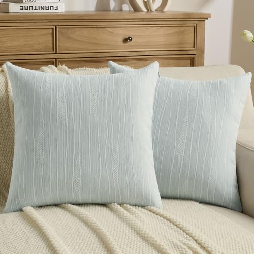 FUTEI Pack of 2 Chenille Throw Pillow Covers 16x16 Inch, Dyeing Light Blue - Double-Sided Elegant Line Textured Design,Side Hidden Zipper,Machine Washable,Pill-Resistant,Colorfast,Insert Not Included.
