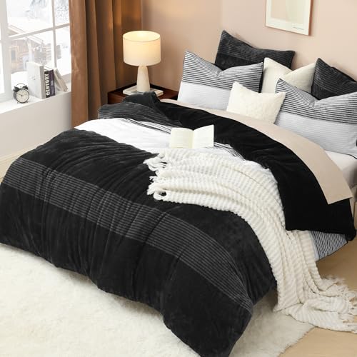 Litanika Fluffy King Size Comforter Set, Luxury Soft Plush Fuzzy Fleece Black & White Stripe Bedding Comforter Sets, Warm Shaggy Faux Fur Bed Set All Season (1 Comforter, 2 Pillowcases)