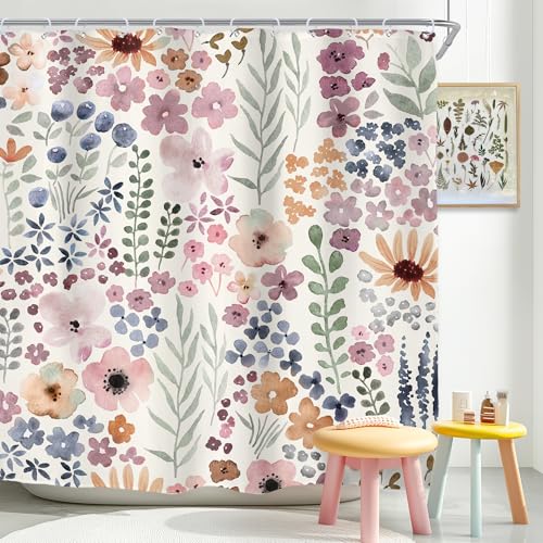 "Cute Floral Flower Watercolor Spring Botanical Bathroom Shower Curtain Set - 72""W x 72""H Rustic Plant waterproof HD print, quick-dry fabric with 12 hooks for easy hanging."