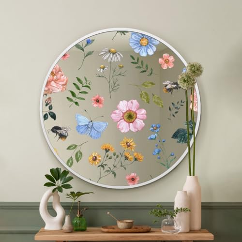 "MirrorOutlet The Typis - White Metal Frame Edged Modern Round Circular Edge Wall Mirror With Colour Flower Printed Decal 31""x31"" (80CM X 80CM) Silver Mirror Glass with White Frame"