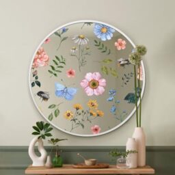 "MirrorOutlet The Typis - White Metal Frame Edged Modern Round Circular Edge Wall Mirror With Colour Flower Printed Decal 31""x31"" (80CM X 80CM) Silver Mirror Glass with White Frame"