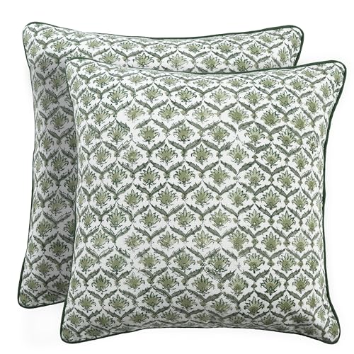CPC Throw Pillow Covers for Couch, 18x18 Inch Decorative Couch Pillows for Living Room, 100% Cotton Boho Cute Outdoor Pillows, Flower Pillow Covers or Preppy Throws-Moss Green