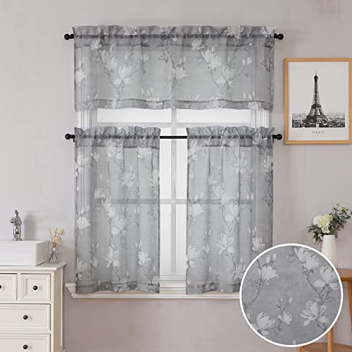 Grey Floral Semi Sheer Kitchen Curtain Tiers and Valance Set 3 PC - Floral Design, Linen Textured, Light Filtering, Privacy, 1 Valance 2 Tiers, Kitchen Bathroom Bedroom