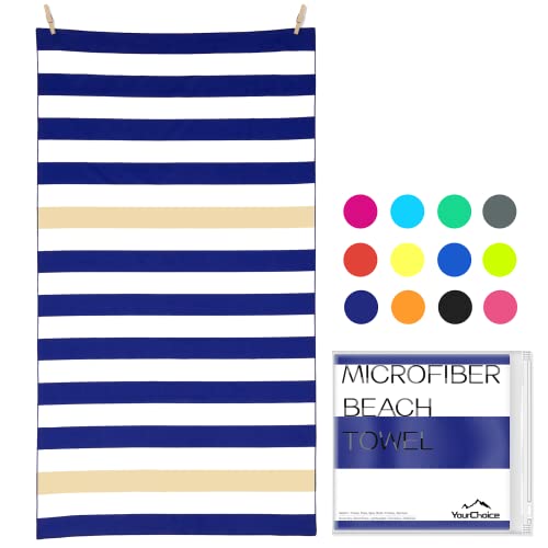 Your Choice Microfiber Beach Towel, Sand-Free Quick Dry Travel Towel, Oversized Compact Lightweight Recycled Towel for Pool Camping - Khaki and Dark Blue Stripe, Extra Large Beach Towel 67x35