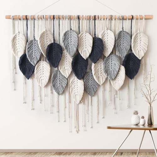 Weldomcor Macrame Wall Hanging Leaf Woven Tapestry Bohemian Chic Wall Hanging Feather Large Handmade Wall Art Decor for Bedroom Living Room Apartment Ornament