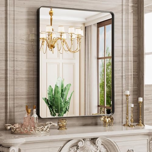 JISOSO Black Bathroom Mirror, 24x32 Inch Thick Rectangle Metal Framed Wall Mirror, Modern Round Corner Bathroom Vanity Mirror for Over Sink, Bedroom, Living Room, Entryway