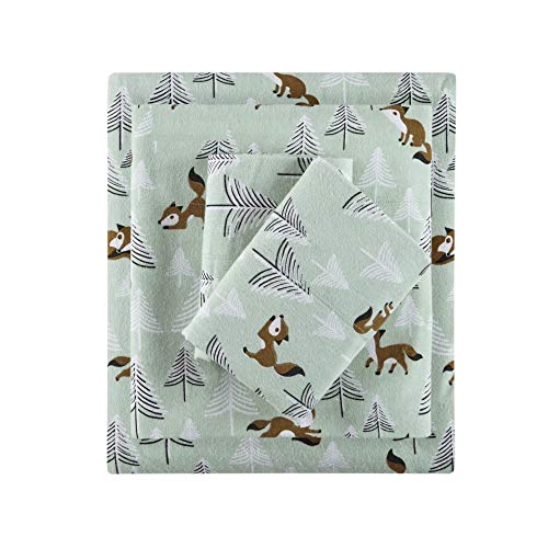 Intelligent Design Cozy Soft 100% Cotton Flannel Print Animals Stars Cute Warm, Ultra Soft Cold Weather Sheet Set Bedding, Twin XL, Seafoam Foxes 3 Piece