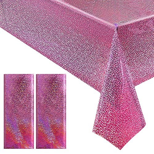 "Just Shimmer 2 pcs Pink Holographic Plastic Tablecloths Laser Table Covers 40"" x 108"" Foil Disposable Table Cloths for Party Birthday Wedding Christmas Holiday Party Decorations"