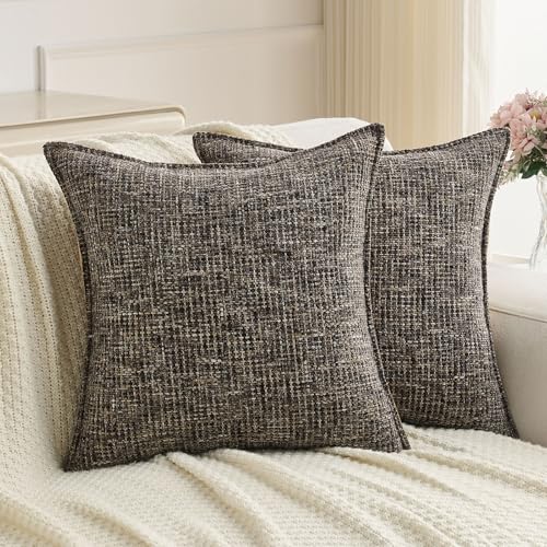 FUTEI Pack of 2 Tweed Chenille Throw Pillow Covers 20x20 Inch, Coffee - Premium Chenille Front/ Smooth Velvet Back,Hidden Zipper,Machine Washable,Pilling-Resistant,Colorfast, Insert Not Included.