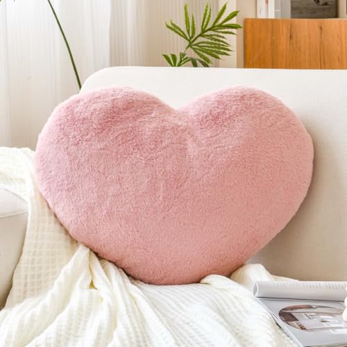 "XVTRU Heart Pillow, Soft Dusty Pink Heart Shaped Pillow, Cute Faux Rabbit Fur Room Decorative Throw Pillow, 12.9""x9.8"" Heart Plush Cushion for Couch Bed Kid Girls Women Valentine's Day Gift"
