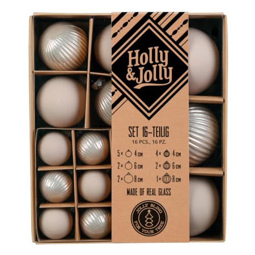 Holly & Jolly - Christmas Baubles with Structure Fine Alabaster, Pack of 16 - Glass Christmas tree baubles, approx. 4, 6 and 8 cm, Christmas tree decorations in cream, matt and textured