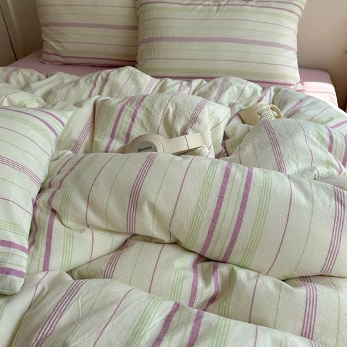 EAVD Vintage Style Striped Duvet Cover Twin Size Soft 100% Cotton Green Purple Stripes Printed Bedding Set with 2 Pillowcases Reversible Farmhouse Geometric Pattern Duvet Cover with Zipper