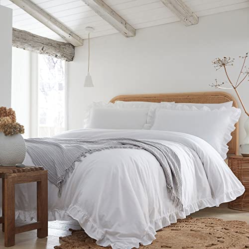 Appletree White Frill Duvet Cover Set – Super King Bedding Size (260 x 220cm) – 100% Cotton – 2 Pillowcases – Soft Ruffle Edge – Romantic White Bedding – Elegant Shabby Chic Bedroom Style