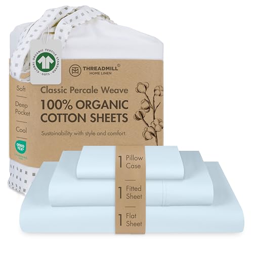 Threadmill Certified by GOTS Organic Cotton Bedding Sheets - Twin XL, 3 Piece, Light Blue - Ultra Soft, Cooling and Breathable Bed Sheet Set - Lightweight and All-Round Elastic Deep Pocket