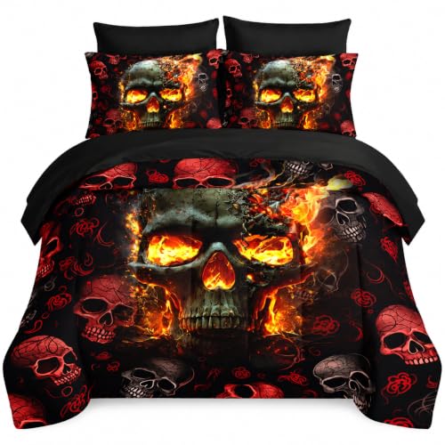 AILONEN 7-Piece Fire Skull Comforter Sets Full Size,3D Skeleton Bedding Set for Kids Boys Teens,Fiery Style Black Tint Comforter & Fitted Sheet with Flat Sheet & 2 Pillowcases,2 Pillow Shams