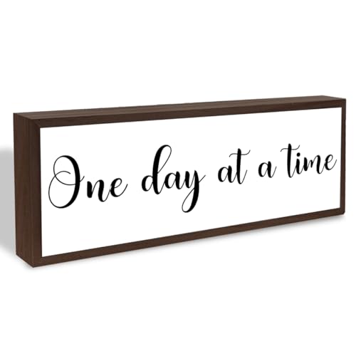 One Day At A Time Sign, Inspirational Wood Decor, Farmhouse Wood Block Sign Desk Decor, Tabletop Decorations for Home Office Cubicle Shelves, Aesthetic Wooden Wall Plaque