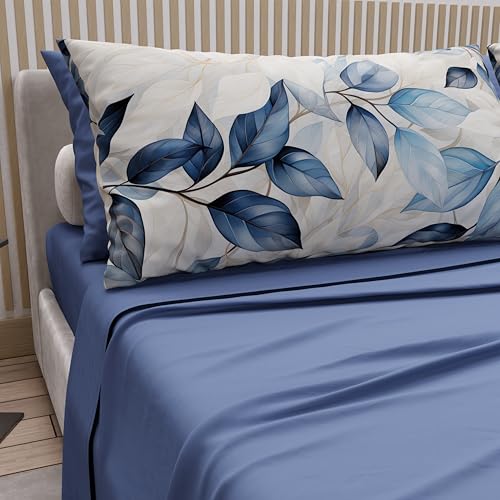 PETTI Artigiani Italiani - Double Bed Sheets Cotton with Pillowcases in Digital Print, Complete Sheet for Double Bed Maxi Floral Pattern 109 Indigo, 100% Made in Italy