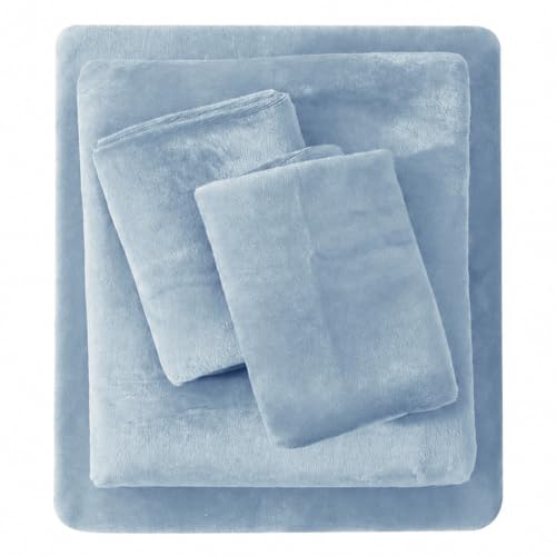 Viviland Plush Micro Fleece Full Bed Sheet Set Bedding - Soft Fuzzy Polar Fleece Velour Velvet Sheets - Extra Warm Winter Fleece Bed Sheets with Deep Pocket - Pearl Blue - Full