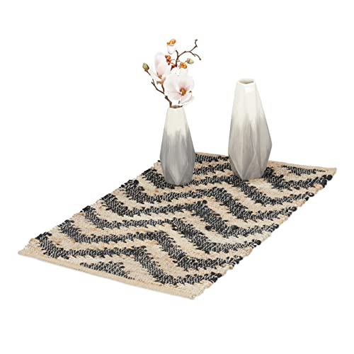 Relaxdays Small Runner Rug, Cotton & Jute, 50x80 cm, Non-slip, Hand-woven, Carpet Hallway, Kitchen, Zigzag, beige/black