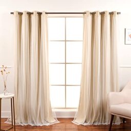 "Best Home Fashion Set of 2 Lace Tulle Overlay Thermal Insulated Solid Blackout, Stainless Steel Nickel Grommet Window Panels for Bedroom, Living Room, Dining Room - 52"" W x 96"" L, Beige"