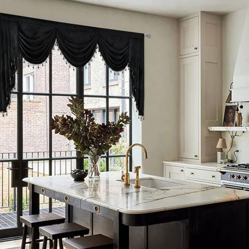 JADE POKE Velvet Waterfall Valance for Bedroom, Black Beads Valance for Window - Swag Valances for Living Room Rod Pocket Valances with Tassels for Kitchen (1 Panel, Black, W89 Inch)
