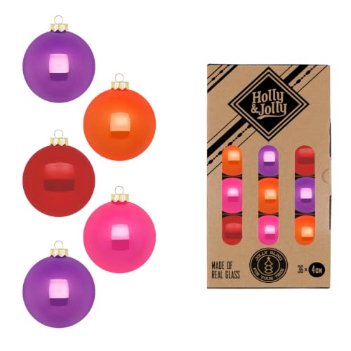 Holly & Jolly Party Time Christmas Baubles, Pack of 36 - Glass Christmas tree baubles, approx. 4 cm, Christmas tree decorations in purple, orange, red and pink, shiny