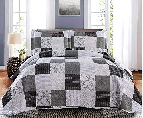 King Floral & Plaid Patchwork Quilt Set - Lightweight Reversible Bedspread - Grey & Black White Paisley Floral Quilt