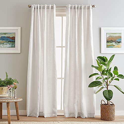 "Peri Home 100% Linen Back Tab Lined Curtain, 84"" Panel Pair, White"