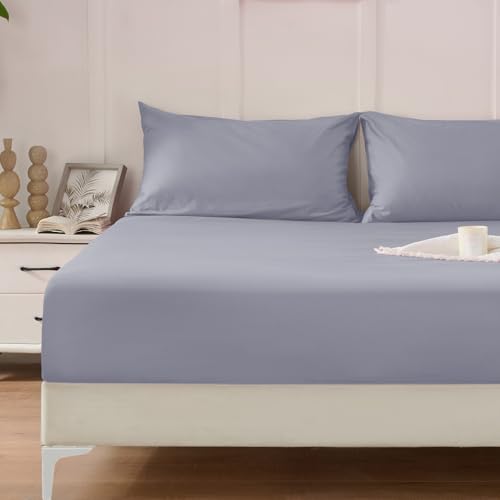 Homiest 3PCS Pure Cotton Fitted Sheet & Pillowcase Set, Queen Size, 400 Thread Count, Soft & Breathable, 15 Inch Deep Pocket, Luxury 5-Star Hotel Quality Cotton Sheets, Light Grey